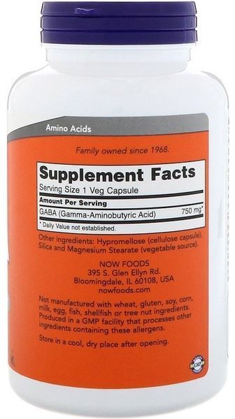Now Foods GABA Гамма-Аминомасляная Кислота, 750 mg, 200 Veg Capsules (NOW-00129) 685389 фото