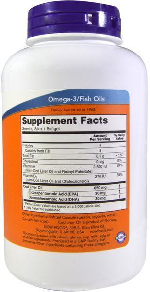 NOW Foods Cod Liver Oil 650 mg 250 caps 418113 фото