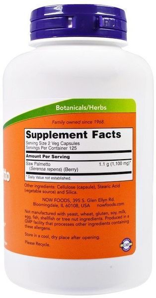 Now Foods Saw Palmetto Berries 550 mg 250 VCAPS З пальметто (ягоди сереноа) 523279 фото