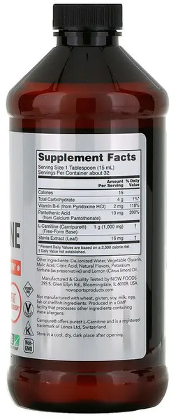Жиросжигатель Now Foods L-Carnitine Liquid 1000 mg 473 ml Tropical Punch Flavor 927213 фото