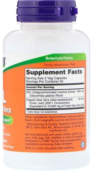 Now Foods DGL with Aloe Vera, 400 mg, 100 Veg Capsules (NF4654) 634730 фото