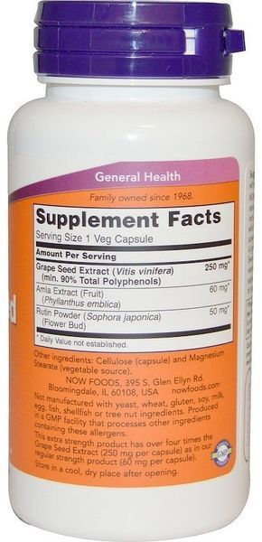 Now Foods Grape Seed, Extra Strength, 250 mg, 90 Veg Capsules (NOW-03274) 685390 фото
