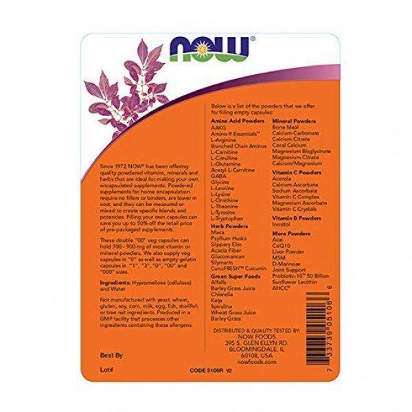Now Foods Empty Veg Capsules '00', 250 Veg Capsules 685571 фото