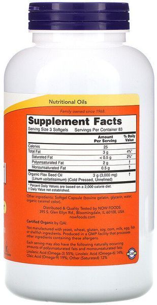 Now Foods Flax Oil with Essential Omega-3's, 1,000 mg, 250 Softgels (NF1772) 634735 фото