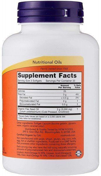 NOW Foods Flax Oil 1000 mg Лляна олія 100 гелевих капсул 775518 фото