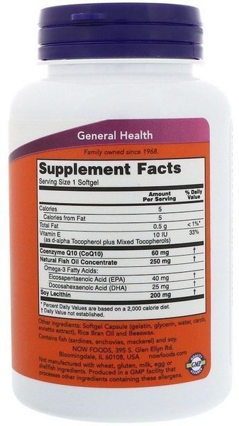 NOW Foods CoQ10 60 mg with Omega 3 Fish Oils 120 caps 416601 фото