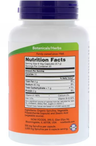 NOW Foods Spirulina 500 mg 120 veg caps Спирулина 523303 фото