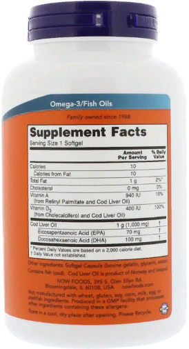 Now Foods Cod Liver Oil 1.000 mg Риб'ячий жир з печінки тріски 180 гелевих капсул 827412 фото