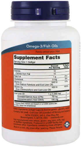 Now Foods Cod Liver Oil 1.000 mg Рыбий жир из печени трески 90 гелевых капсул 827413 фото