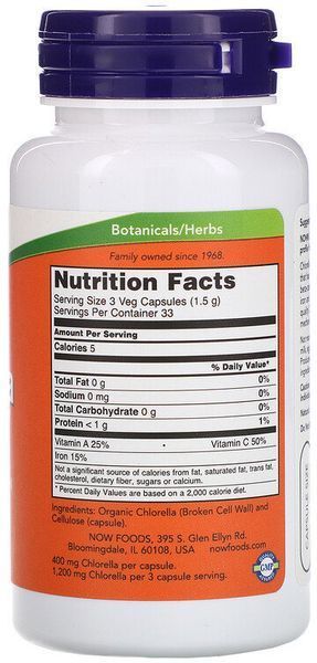 Now Foods Chlorella, 400 mg, 100 Veg Capsules (NOW-02628) 685386 фото