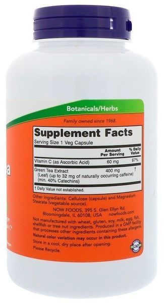 NOW Foods GREEN TEA EXTRACT 400 mg 250 VCAPS Екстракт зеленого чаю 520677 фото