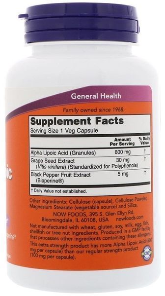 NOW Foods Alpha Lipoic Acid Extra Strength 600 mg 120 caps 416271 фото